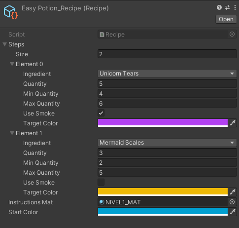 Recipe data using Scriptable Objects for Potions VR.